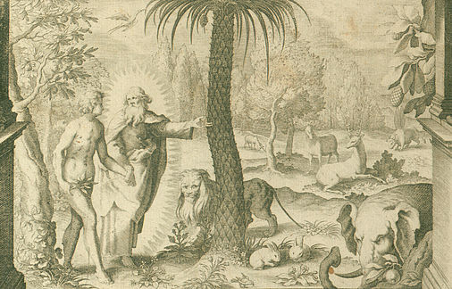 Ausschnitt aus dem Kupfertitel: Gottvater führt Adam durch den Garten Eden