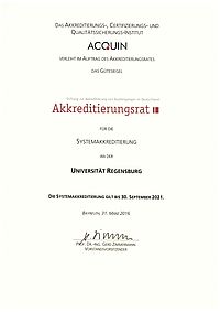 Systemakkreditierungsurkunde des Akkreditierungsrates für die Uni Regensburg