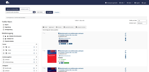 Bildschirmfoto Bücher und E-Books im Bibliothekskatalog