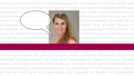 Helen Gaßner-Hofmann, eine Sprechblase und der Interviewtext im Hintegrund