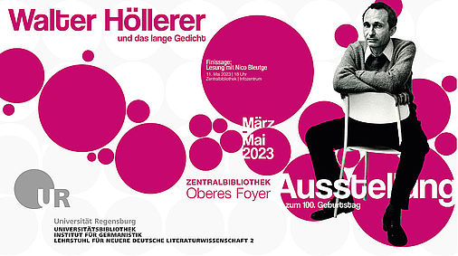 Walter Höllerer sitzend auf Stuhl, Kreisgrafiken