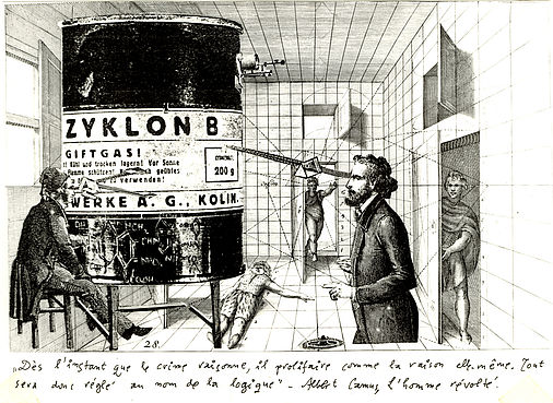 Darstellung eines Innenraumes, in dessen Zentrum sich ein großer Behälter mit Zyklon B befindet. Darum angeordnet Männer in stehender, sitzender oder liegender Haltung. Ergänzt durch ein handschriftliches, französisches Zitat am unteren Bildrand