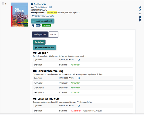 Bildschrimfoto Standorte im Bibliothekskatalog