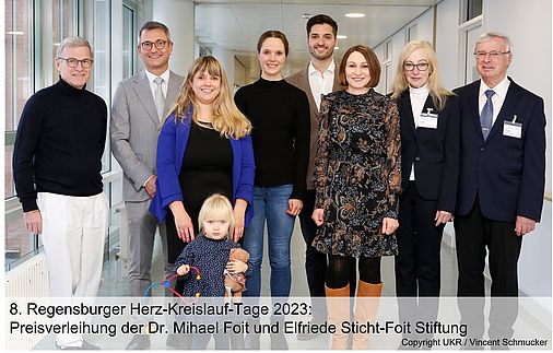 The picture shows, from left to right, Prof Christof Schmid, Prof Lars Maier, Ms Mustroph representing PD Dr Julian Mustroph, Dr Sigrid Wiesener, Dr Fredrick Sinha, Ms Lautenschlager, Ms Elfriede Sticht-Foit and Dr Mihael Foit (founder of the Dr Mihael Foit and Elfriede Sticht-Foit Foundation). Fredrick Sinha received the Dr Mihael Foit and Elfriede Sticht-Foit Foundation's doctoral prize at the Regensburg Cardiovascular Days.