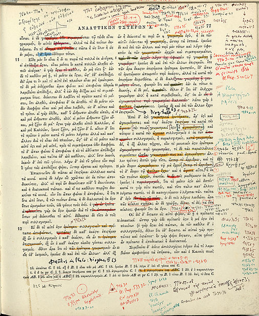 Abbildung einer Seite eines griechischen Textes von Aristoteles mit Bearbeitungsspuren von Imre Tóth