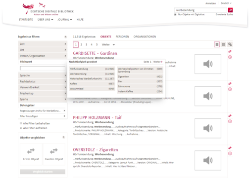 Screenshot Deutsche Digitale Bibliothek Stichworte