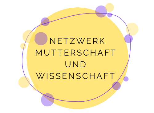 Das Bild zeigt das Logo des Netzwerks Mutterschaft und Wissenschaft. Es besteht aus einem gelben Kreis mit kleineren gelben und violetten Kreisen, die durch Linien miteinander verbunden sind.