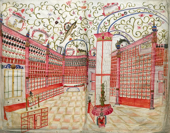 Mohrenapotheke in Regensburg. Aquarell auf Pergament (öffnet Vergrößerung des Bildes)