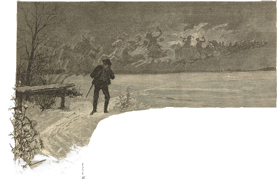 Historische schwarz-weiß Illustration eines Jägers im Schnee, Wolken und Wind formen Abbilder anderer Jäger auf Pferden. (öffnet Vergrößerung des Bildes)