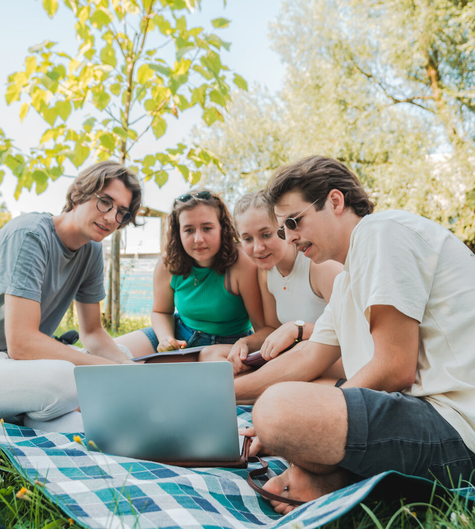 Vier Studierende sitzen auf einer Picknickdecke auf einer Wiese am Campus der Universität Regensburg und schauen gemeinsam in einen Laptop.