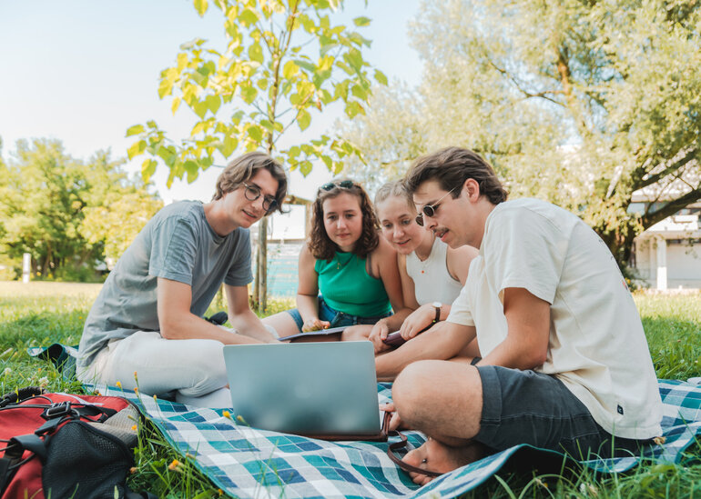 Vier Studierende sitzen auf einer Picknickdecke auf einer Wiese am Campus der Universität Regensburg und schauen gemeinsam in einen Laptop.