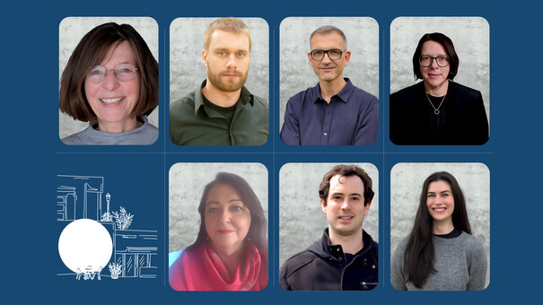 ©Tatjana Kühnast 2026: Auf blauem Hintergrund Bilder des Teams. Obere Zeile: Ursula Regener, Silvan Kufner, Thomas Martinec, Simone Merk, untere Zeile: in weiß skizzierte Kugel vor Bücher Pustet, daneben Margit Reil, Thomas Petraschka, Tatjana Kühnast