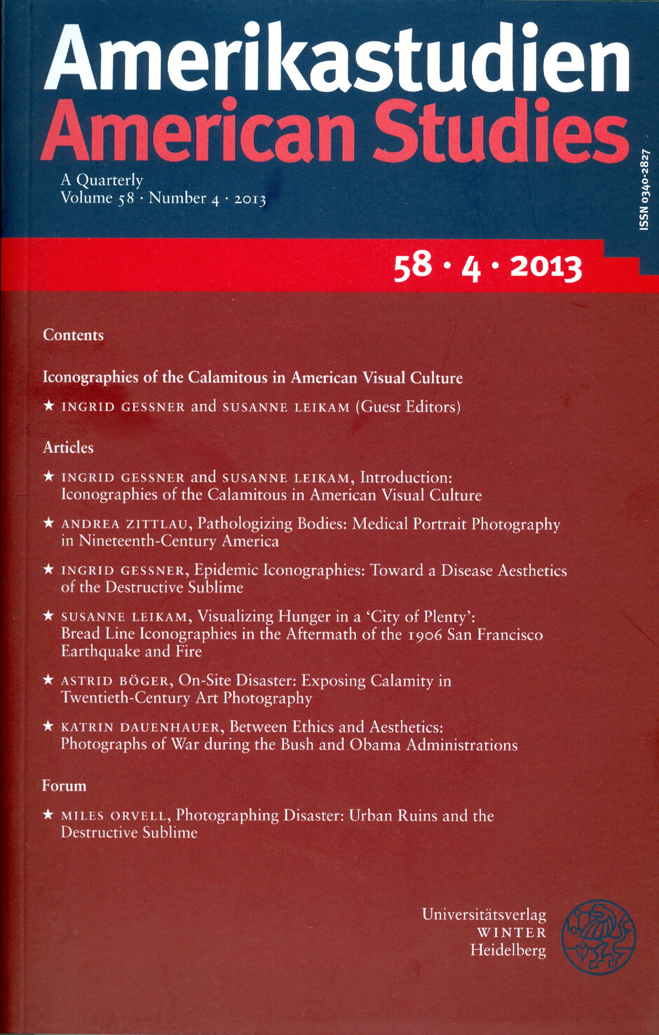 book cover: Iconographies of the Calamitous in American Visual Culture (Spec. issue of Amerikastudien/American Studies)