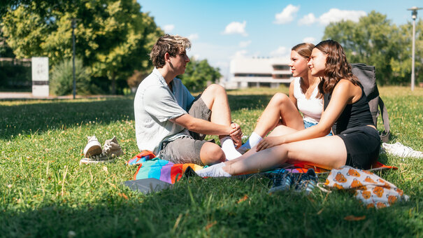 Stundeten und Studentinnen sitzen auf der Wiese bei Sonnenschein