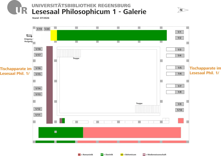 Übersichtskarte des Lesesaals Philosophicum 1 Galerie. Standorte der Tischapparate im Lesesaal. Die Fachgebiete sind farblich gekennzeichnet. (öffnet Vergrößerung des Bildes)