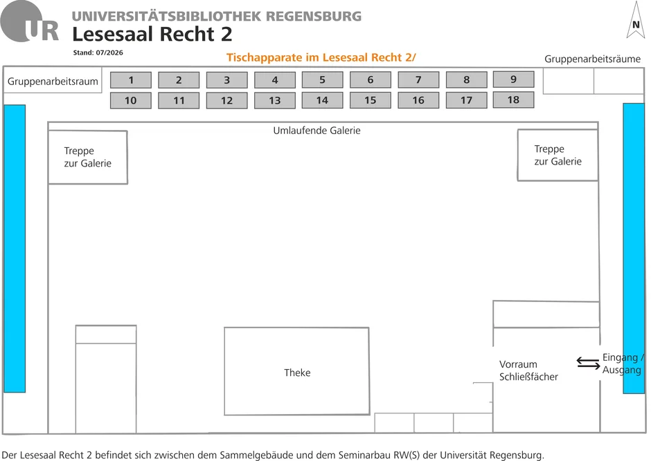 Lageplan des Lesesaals Recht 2 mit den Standorten der Tischapparate sowie wichtigen Orientierungspunkten. (öffnet Vergrößerung des Bildes)