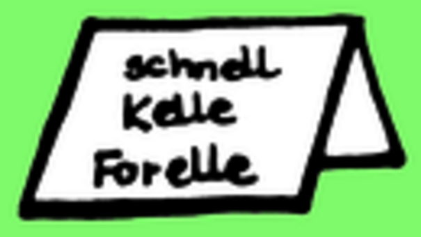 Gripsdiktat Icon - Weiße Karte mit Aufschrift "schnell; Kelle; Forelle"