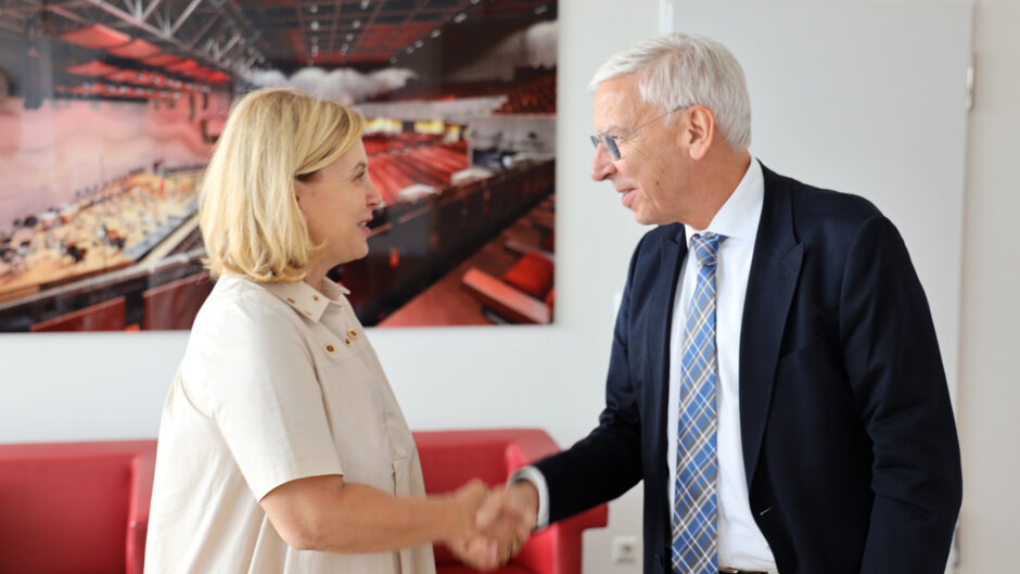 Eine Frau und ein Mann schütteln sich die Hand.
