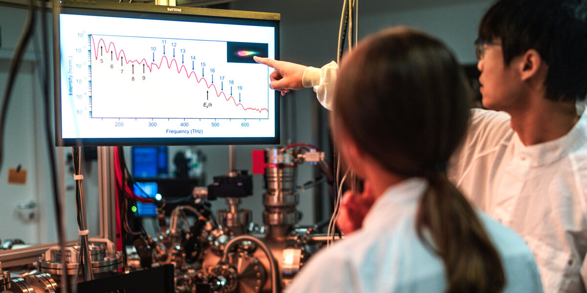 Zwei Personen in weißen Laborkitteln stehen vor einem physikalischen Versuchsaufbau und betrachten ein Diagramm auf einem Bildsschirm.