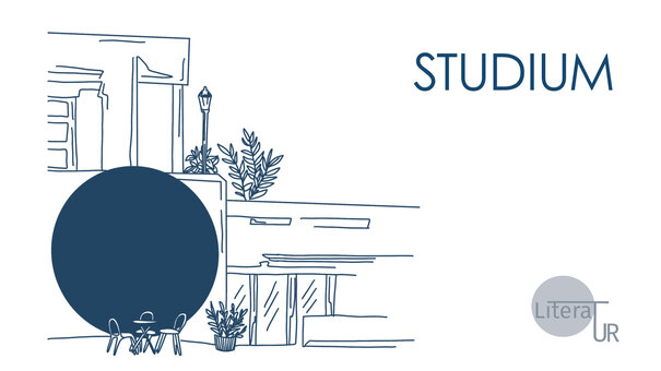 Skizziertes Bild der Campus-Kugel in blau auf weißem Hintergrund, rechts oben das Wort "STUDIUM", rechts unten grauer Punkt mit dem Wort "LiteraTUR" ©Tatjana Kühnast, 2026