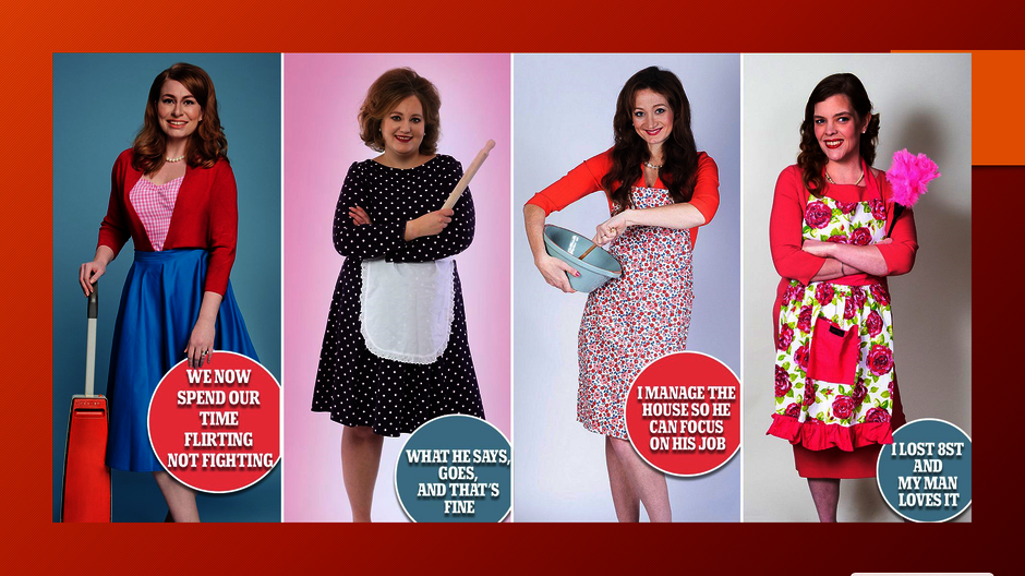 Vier Frauen in Schürzen, mit Haushaltsutensilien. Sie halten Staubsauger, Kochlöffel, Schüssel und Staubwedel in Händen. (externer Link, öffnet neues Fenster)