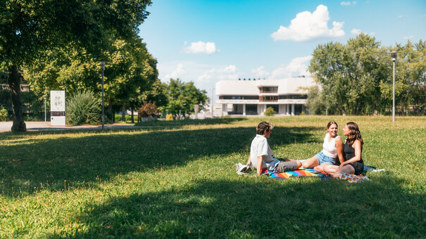 Eine Gruppe Studierender im Sommer auf einer Picknickdecke am Campus. Im Hintergrund ist die Zentralbibliothek zu sehen.