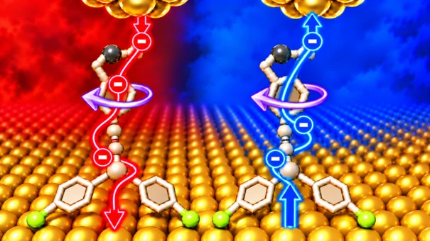 A chiral molecular motor rotating in the same direction for opposite electron currents.