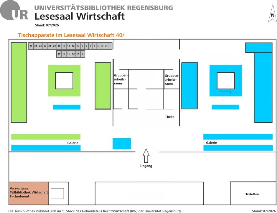 Lageplan des Lesesaals Wirtschaft mit den Standorten der Tischapparate sowie wichtigen Orientierungspunkten. (öffnet Vergrößerung des Bildes)
