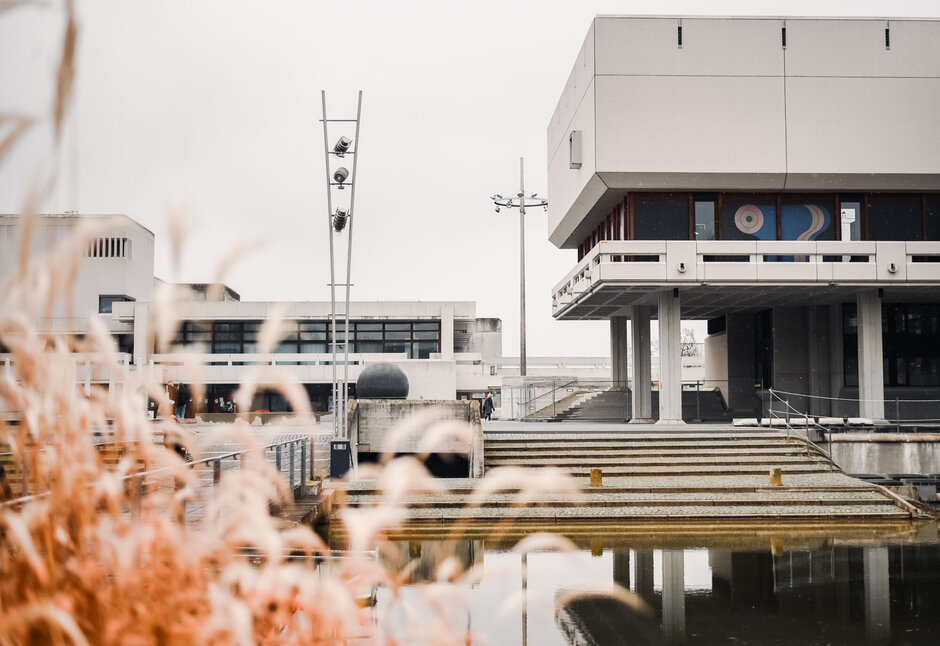 im Vordergrund schneebedecktes Schilf, im Hintergrund großes Flachdachgebäude.