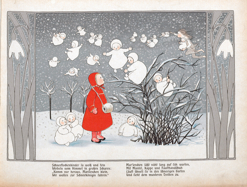 Marilenchen geht nach draußen, um dem munteren Treiben der Schneeflockenkinder zuzusehen. Der Wind als Junge mit langem wehendem Haar und zerfetztem grauem Anzug wirbelt mit dicken Backen die Schneeflockenkinder kraftvoll umher (öffnet Vergrößerung des Bildes)
