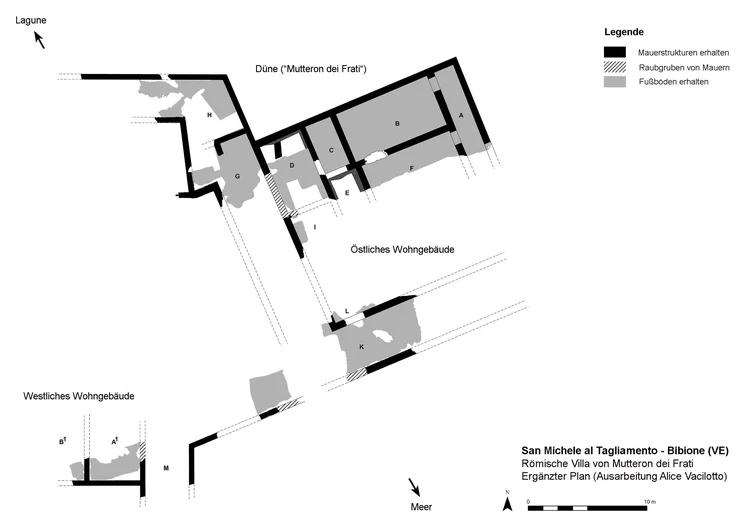 Gebäudeplan, der zeigt wie die Mauern einer römischen Villa verlaufen sind. Der Plan ist aufgeteilt in das westliche Wohngebäude, das östliche Wohngebäude, die Lagune, die Düne und das Meer. (öffnet Vergrößerung des Bildes)