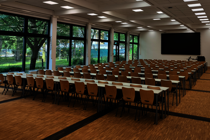 the large lecture theatre in the FIDS building with a view of the countryside (opens enlarged image)