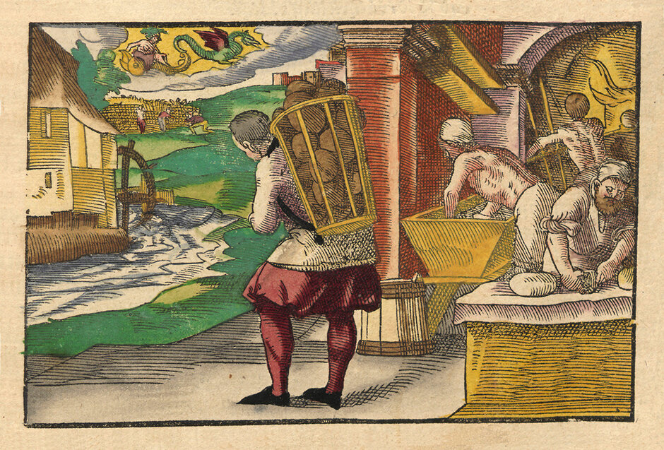 Historische Illustration einer Getreidemühle mit Müller bei der Arbeit, Mühlrad am Fluss und Landschaft im Hintergrund (öffnet Vergrößerung des Bildes)