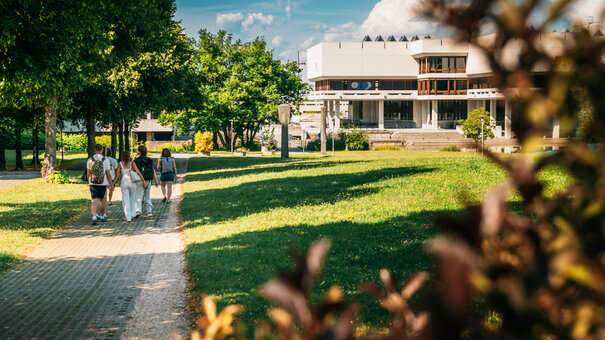 Eine Gruppe junger Leute geht an einem Sommerabend über den grünen Campus der Universität Regensburg. Im Bildhintergrund ist die Zentralbibliothek zu sehen.