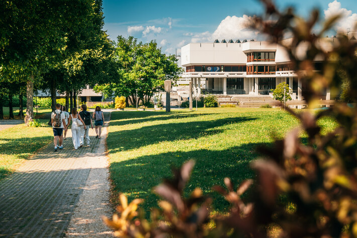 Eine Gruppe junger Leute geht an einem Sommerabend über den grünen Campus der Universität Regensburg. Im Bildhintergrund ist die Zentralbibliothek zu sehen. (öffnet Vergrößerung des Bildes)