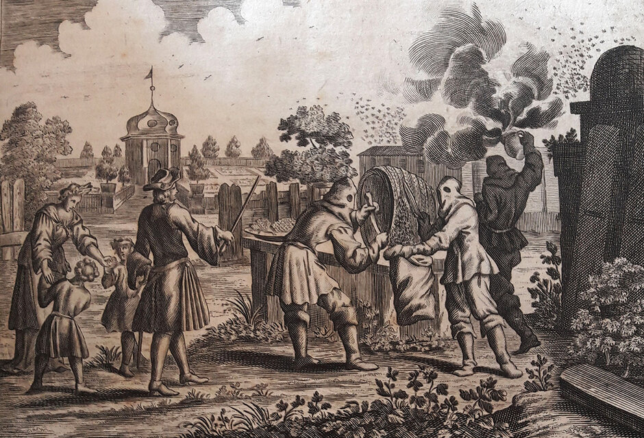 Mittelalterliche schwarz-weiß Illustration, in der eine Gruppe von Imkern mit Schutzanzügen und Rauch, um die Bienen abzuschrecken, Honigwaben bearbeiten. Eine Mutter mit zwei Kindern steht etwas entfernt und beobachtet das Geschehen. (öffnet Vergrößerung des Bildes)