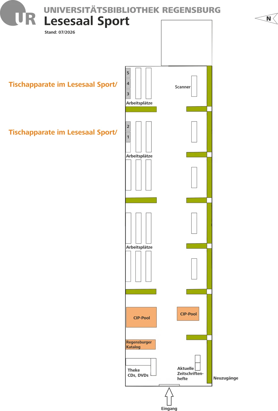 Lageplan des Lesesaals Sport mit den Standorten der Tischapparate sowie wichtigen Orientierungspunkten. (öffnet Vergrößerung des Bildes)