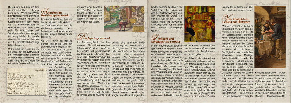Innenseite des Flyers mit Auszügen dieser virtuellen Ausstellung. Zu sehen sind unter anderem der Auszug des Küchenbuches und das Ölgemälde, welches den Lebkuchen als Weihnachtsgeschenk zeigt. (öffnet Vergrößerung des Bildes)