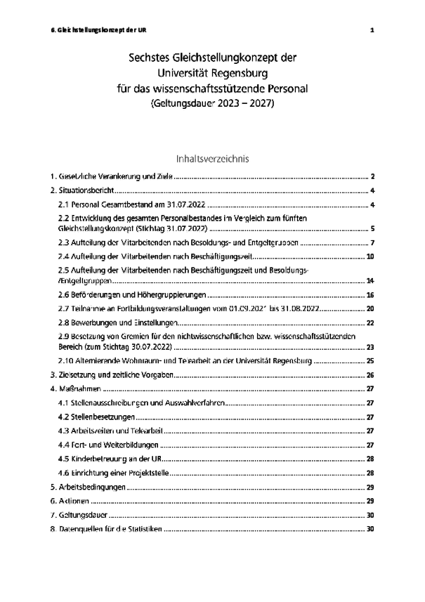 Erste Seite des Gleichstellungkonzepts der Universität Regensburg für das wissenschaftsstützende Personal (Geltungsdauer 2023 - 2027)