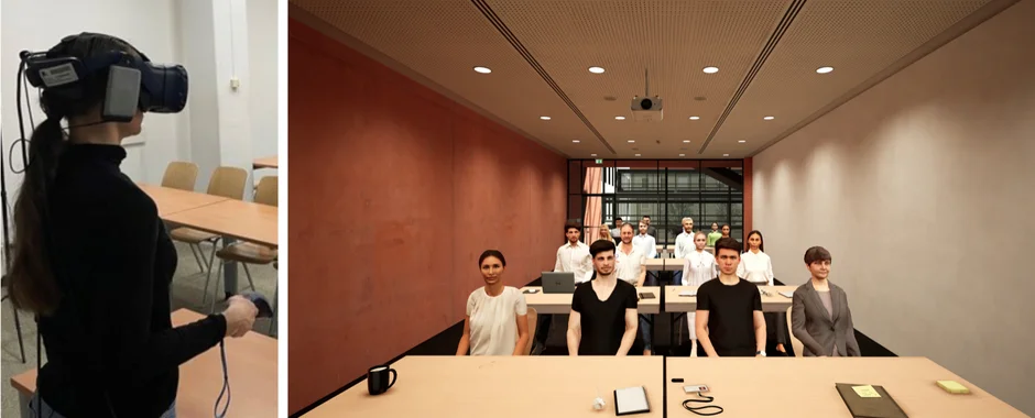 Zweiteiliges Bild: Links eine Person mit Virtual-Reality-Headset und Controller in einem Raum mit Stühlen und Tischen, vermutlich ein Seminarraum. Rechts eine virtuelle Konferenzszene mit mehreren Personen, die an Tischen sitzen und nach vorne blicken. Die Gesichter sind aus Datenschutzgründen unkenntlich gemacht. Auf den Tischen befinden sich Laptops, Notizbücher, Kaffeetassen. 