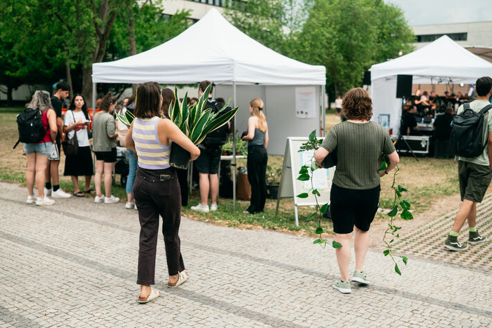 Junge Erwachsene tragen Pflanzen zu einem Pavillon. (öffnet Vergrößerung des Bildes)