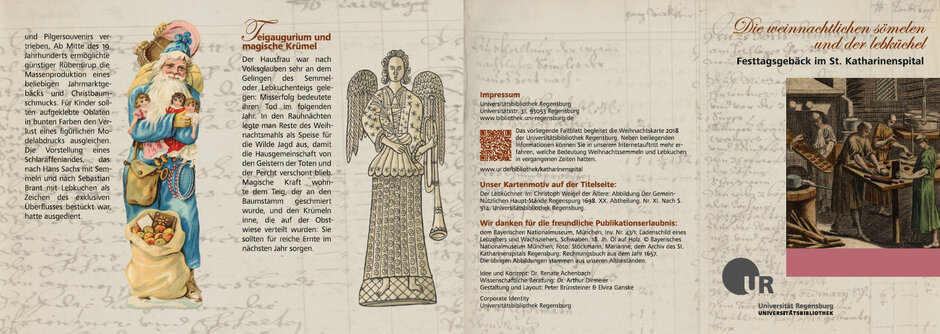 Flyer der UB Regensburg, mit Erläuterungen, Illustrationen und Auszügen dieser virtuellen Ausstellung. Zu sehen sind unter Anderem die Illustration des Weihnachtsengels und des Nikolaus. Cover bildet das Motiv der Weihnachtskarte, auf der eine mittelalterliche Lebkuchenbäckerei mit ihren Arbeitern zu sehen ist. (öffnet Vergrößerung des Bildes)