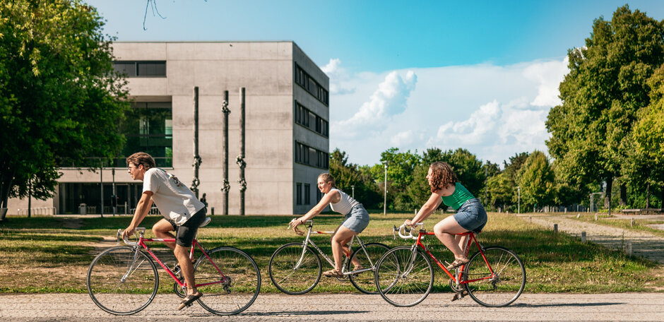 Drei Studierende fahren mit ihren Fahrrädern über den sommerlichen Campus der Universität Regensburg.