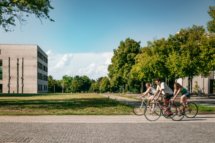Drei Studierende fahren mit dem Fahrrad über den Campus der Universität Regensburg. (opens enlarged image)