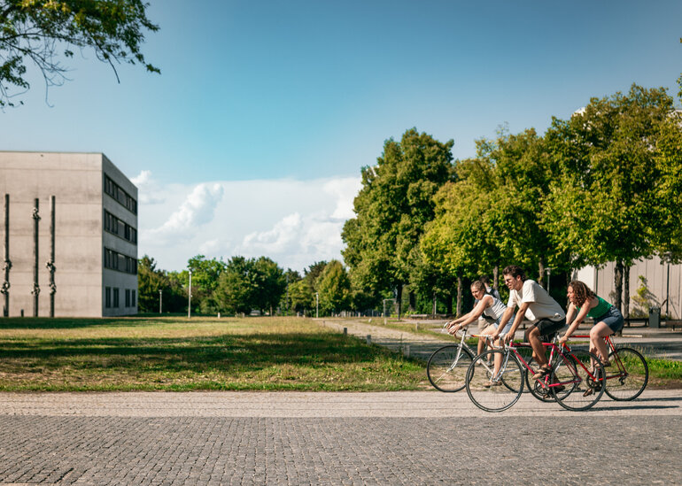 Drei Studierende fahren mit dem Fahrrad über den Campus der Universität Regensburg.