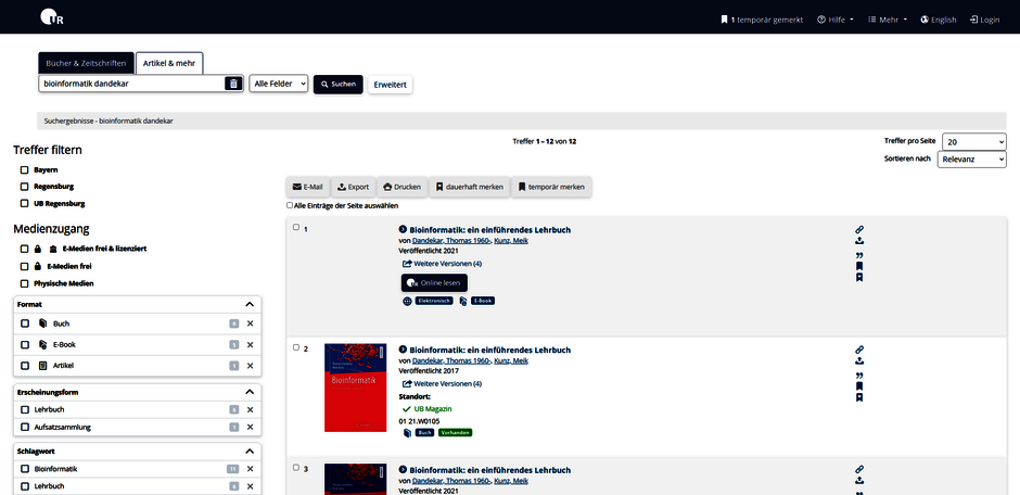 Bildschirmausschnitt Recherche nach Büchern (opens enlarged image)