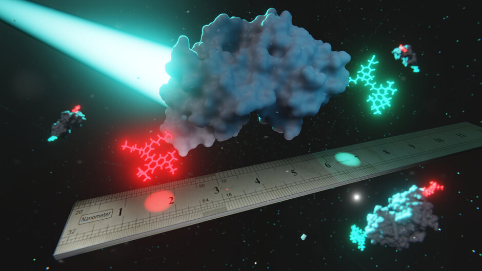 Scientific visualization depicting a large, cloud-like molecular structure struck by a glowing turquoise beam of light. The structure is positioned above a ruler with nanometer markings from 1 to 6. Surrounding the main molecule are smaller molecules emitting red and green light patterns. The dark background, reminiscent of space, is interspersed with glowing particles.