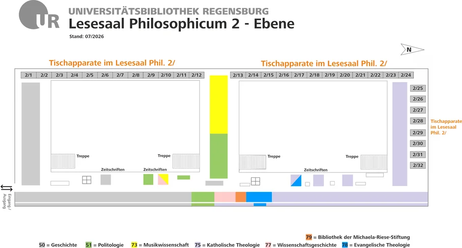 Übersichtskarte des Lesesaals Philosophicum 2 Ebene. Dargestellt sind die Tischapparate im Lesesaal. Die Fächer sind farblich gekennzeichnet. (öffnet Vergrößerung des Bildes)