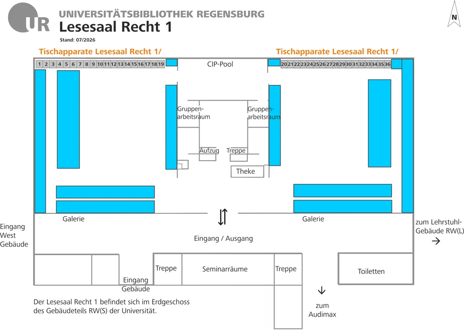 Lageplan des Lesesaals Recht 1 mit den Standorten der Tischapparate sowie wichtigen Orientierungspunkten. (öffnet Vergrößerung des Bildes)
