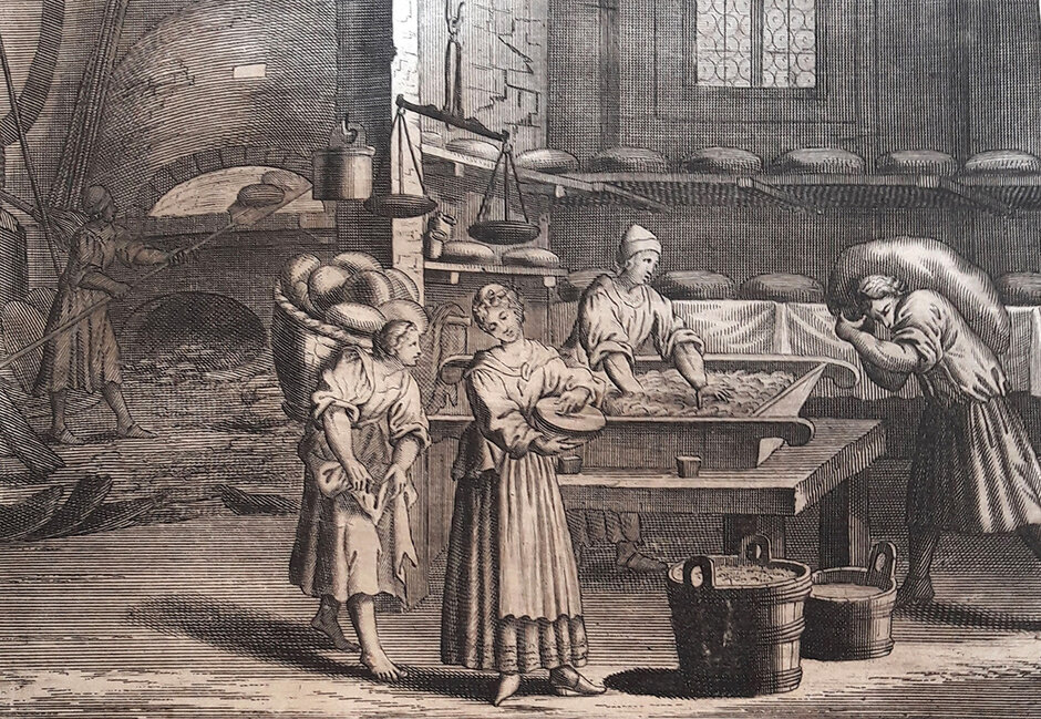 Historische Illustration einer mittelalterlichen Bäckerei. Vier Arbeiter und Arbeiterinnen kneten Teig, schleppen Mehlsäcke oder Brotkörbe. (öffnet Vergrößerung des Bildes)